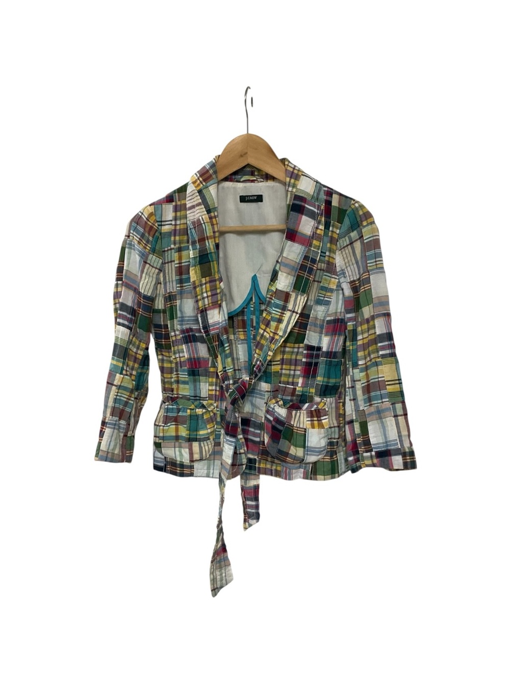 J Crew Vintage Summer 2008 Madras Plaid Patchwork Open Blazer Jacket Boho Art 2